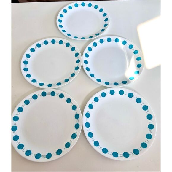 VTG Set of 5 Corelle Dinner Plate SOUTH BEACH Turquoise Blue Dot Dinner 10.25" - Picture 2 of 5